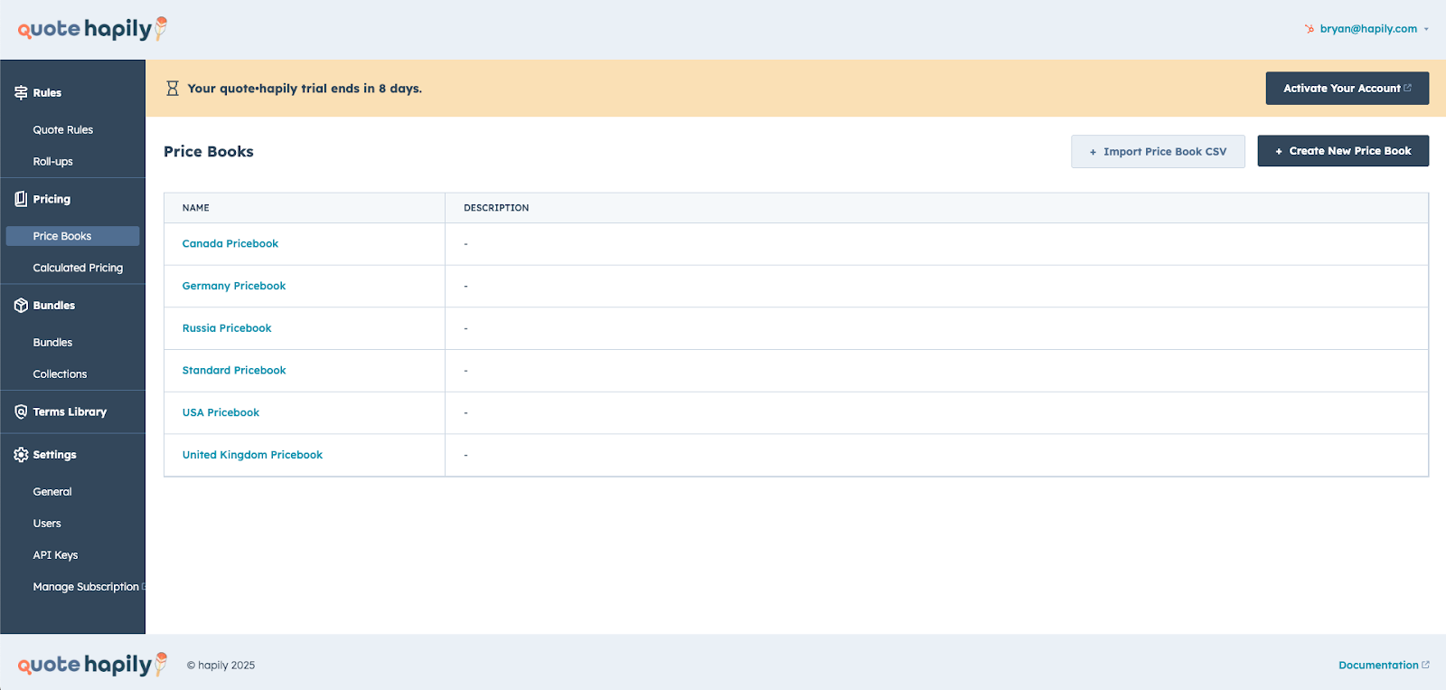 price books - tariffs