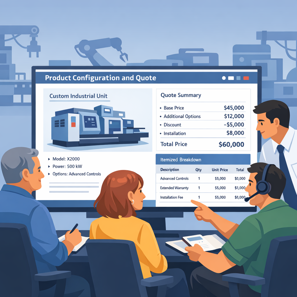 Manufacturing sales and operations team reviewing a digital quote with factory equipment in the background